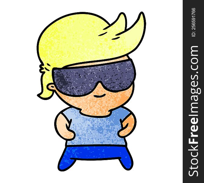 textured cartoon illustration kawaii kid with shades. textured cartoon illustration kawaii kid with shades