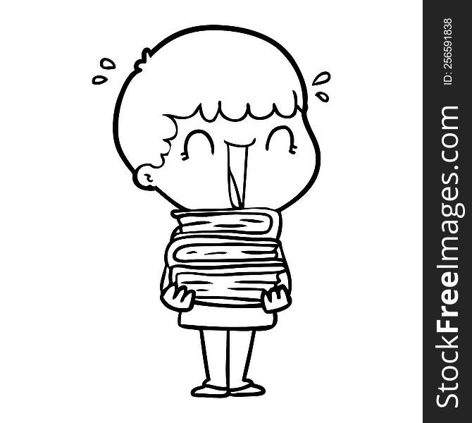 laughing cartoon man holding stack of books. laughing cartoon man holding stack of books