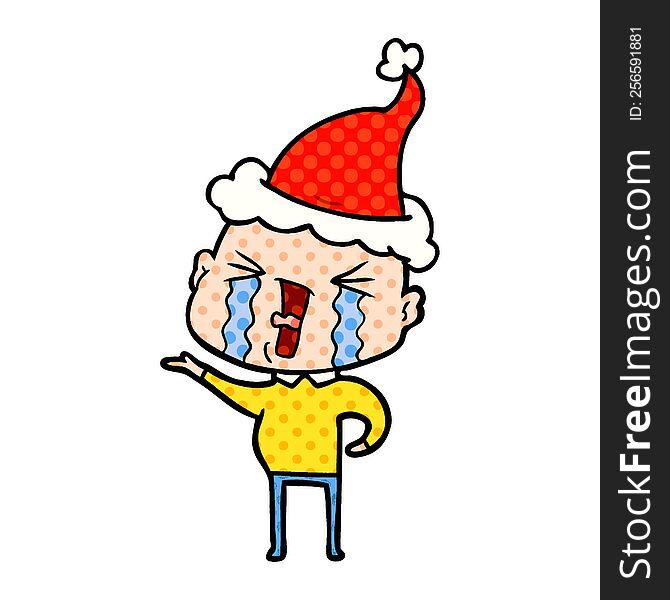 hand drawn comic book style illustration of a crying bald man wearing santa hat