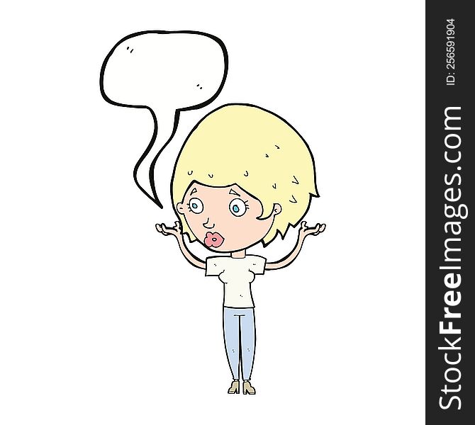 cartoon woman raising hands in air with speech bubble