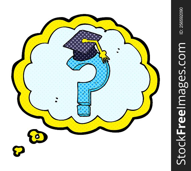 freehand drawn thought bubble cartoon graduation cap on question mark