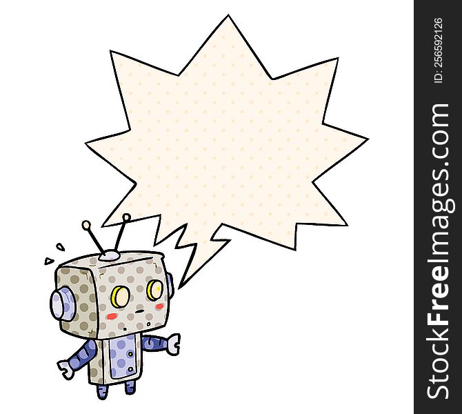 cute cartoon surprised robot with speech bubble in comic book style