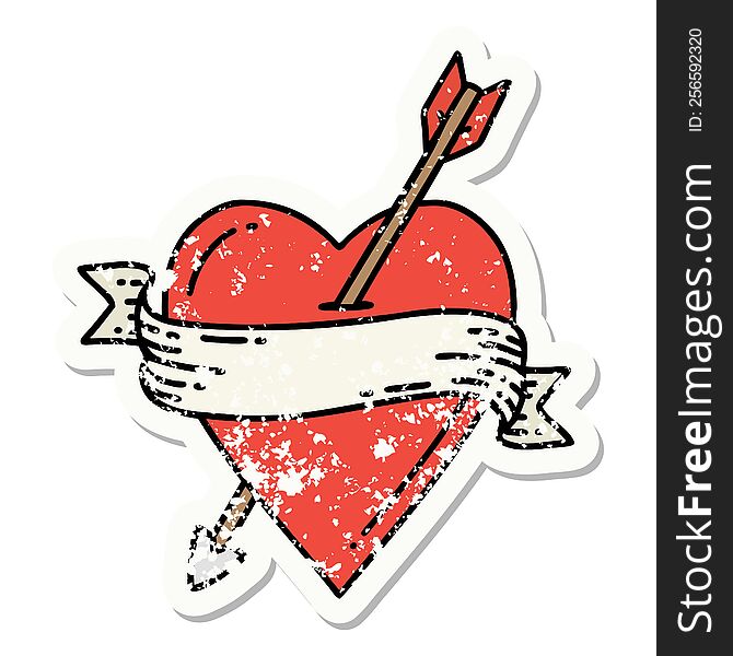 distressed sticker tattoo in traditional style of an arrow heart and banner. distressed sticker tattoo in traditional style of an arrow heart and banner