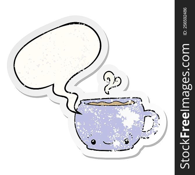 Cartoon Hot Cup Of Coffee And Speech Bubble Distressed Sticker