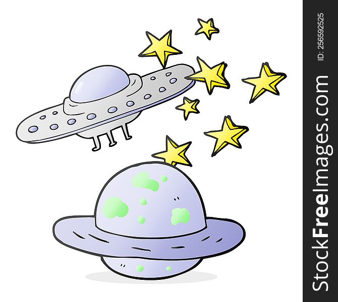 freehand drawn cartoon flying saucer and planet