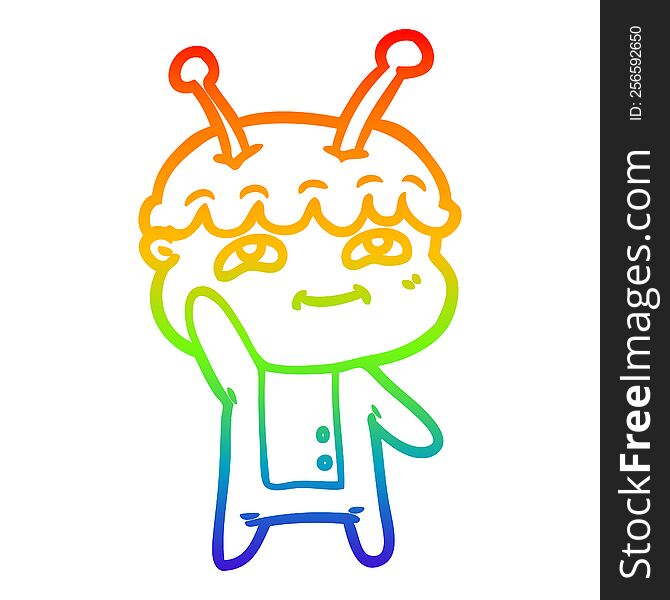 rainbow gradient line drawing of a friendly cartoon spaceman waving