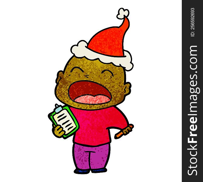 Textured Cartoon Of A Shouting Bald Man Wearing Santa Hat