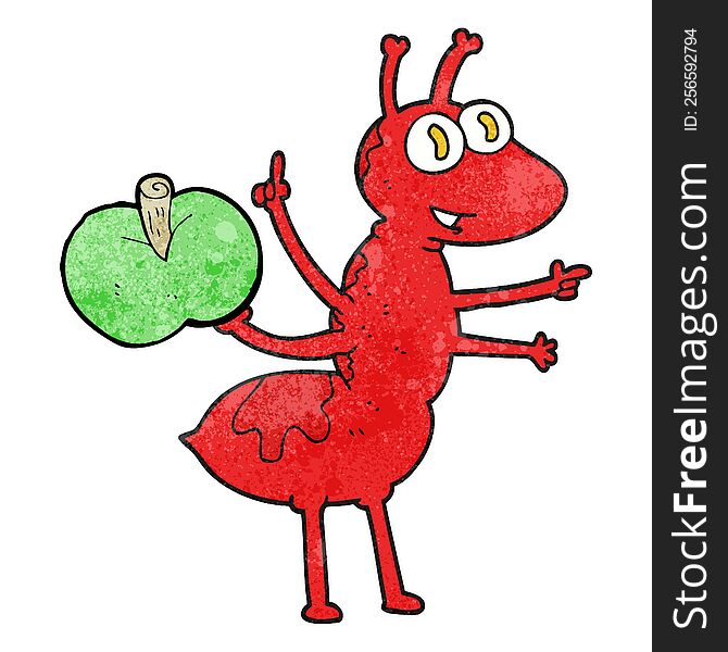 freehand textured cartoon ant with apple