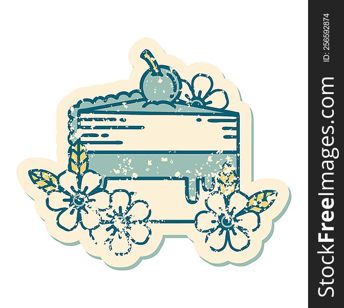 iconic distressed sticker tattoo style image of a slice of cake and flowers. iconic distressed sticker tattoo style image of a slice of cake and flowers