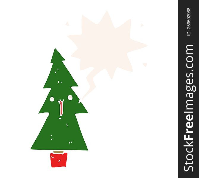 cartoon christmas tree with speech bubble in retro style
