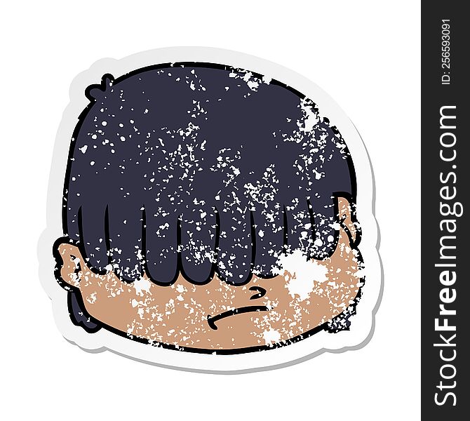 distressed sticker of a cartoon face with hair over eyes