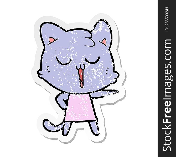 Distressed Sticker Of A Cartoon Cat Singing