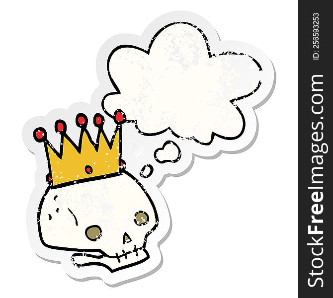 Cartoon Skull With Crown And Thought Bubble As A Distressed Worn Sticker