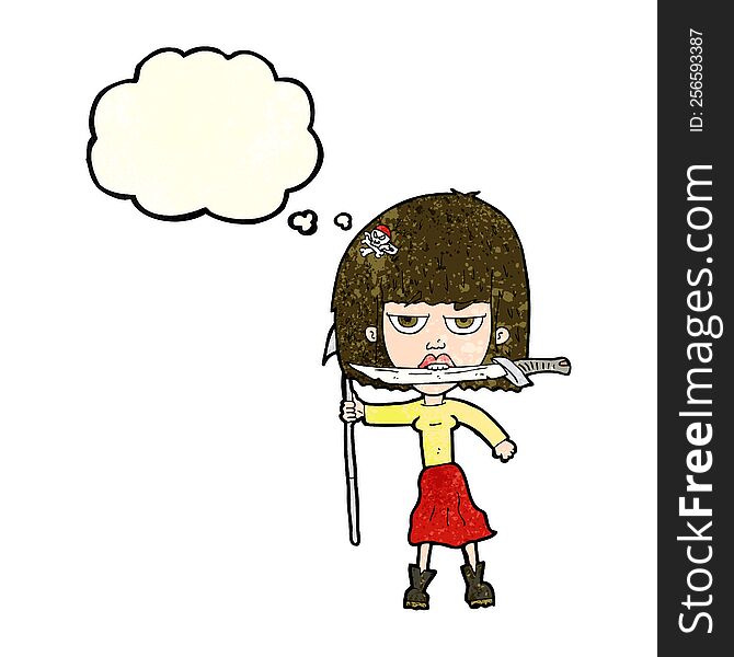 Cartoon Woman With Knife And Harpoon With Thought Bubble