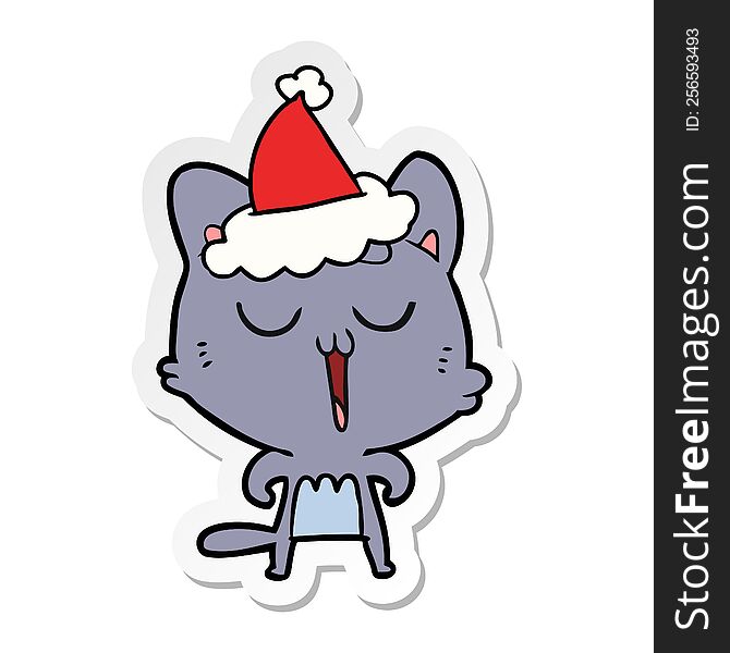 Sticker Cartoon Of A Cat Singing Wearing Santa Hat