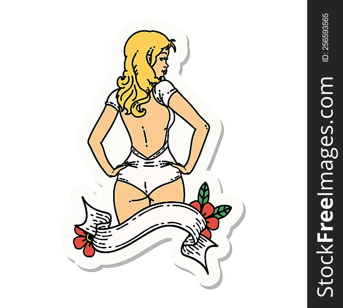 sticker of tattoo in traditional style of a pinup swimsuit girl with banner. sticker of tattoo in traditional style of a pinup swimsuit girl with banner