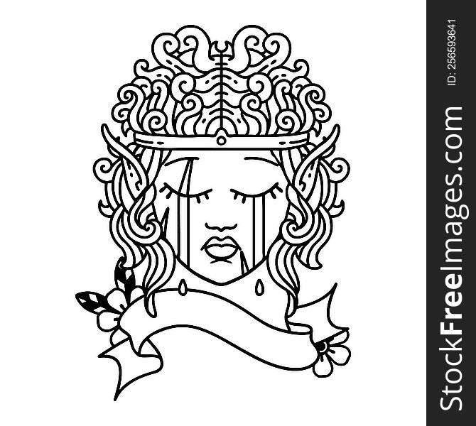 Black and White Tattoo linework Style crying elf barbarian character face. Black and White Tattoo linework Style crying elf barbarian character face