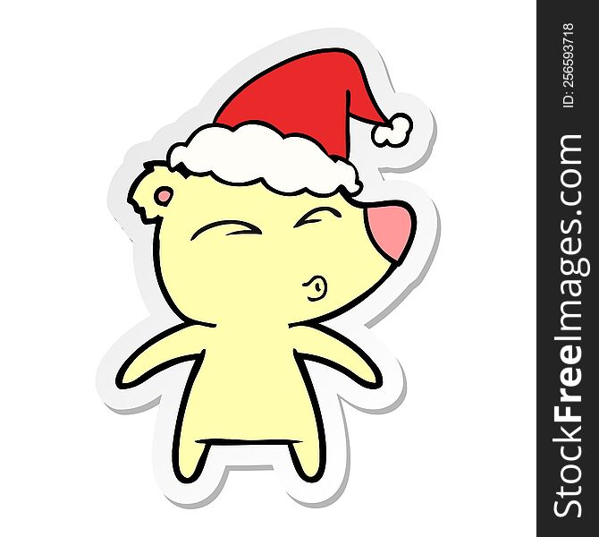 Sticker Cartoon Of A Whistling Bear Wearing Santa Hat