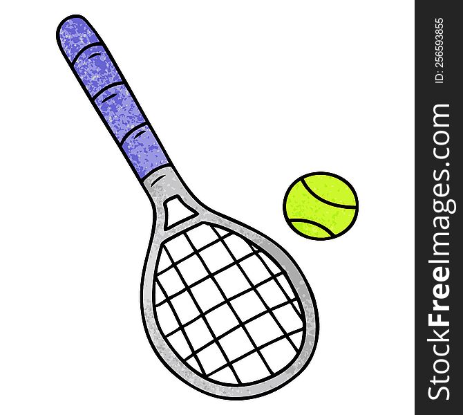 hand drawn textured cartoon doodle tennis racket and ball