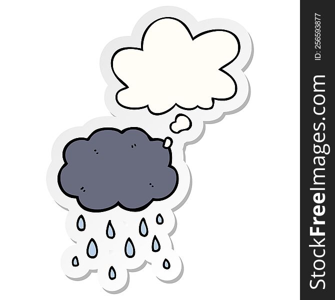 cartoon cloud raining with thought bubble as a printed sticker