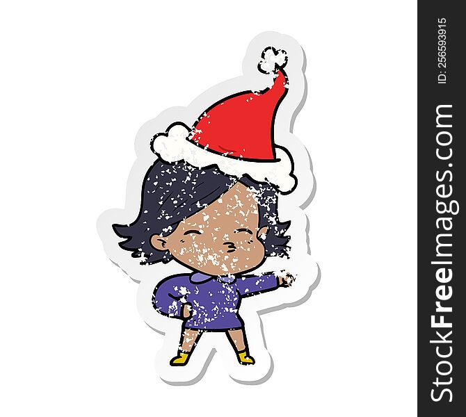 Distressed Sticker Cartoon Of A Woman Pointing Wearing Santa Hat