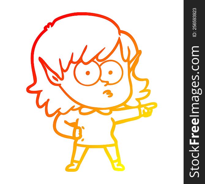 Warm Gradient Line Drawing Cartoon Elf Girl Staring And Pointing
