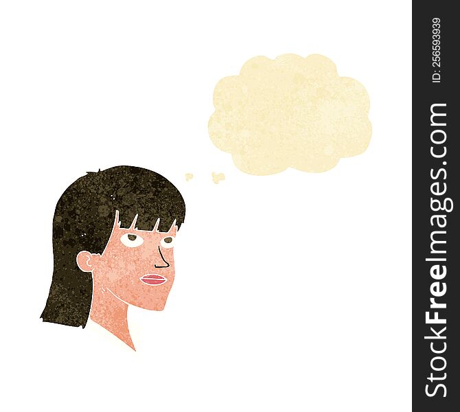 cartoon serious woman with thought bubble