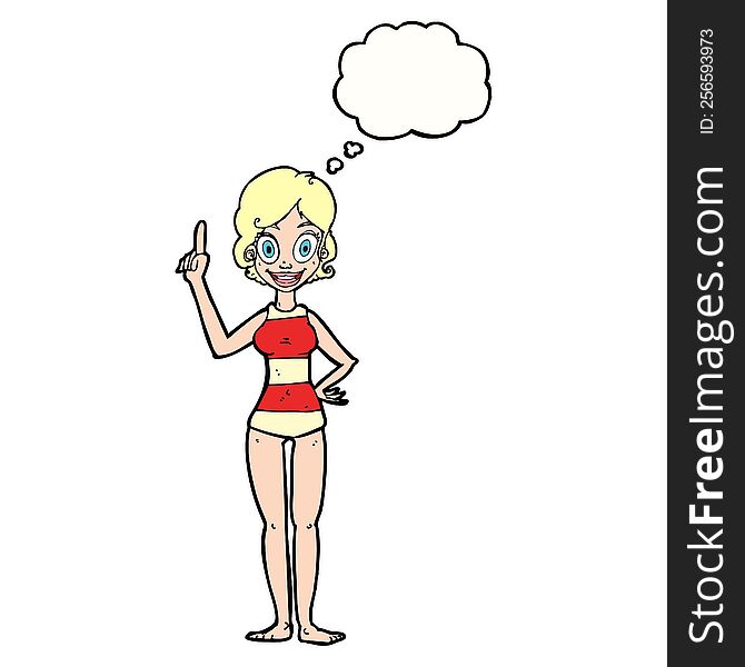 Cartoon Woman In Striped Swimsuit With Thought Bubble