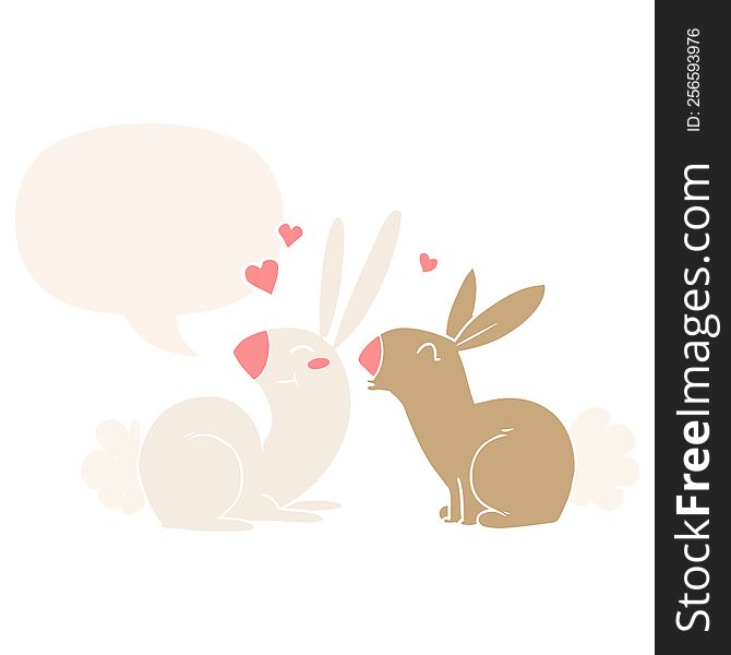 cartoon rabbits in love and speech bubble in retro style