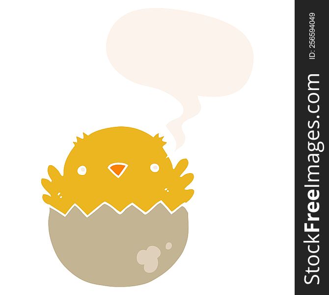 cartoon chick hatching from egg with speech bubble in retro style