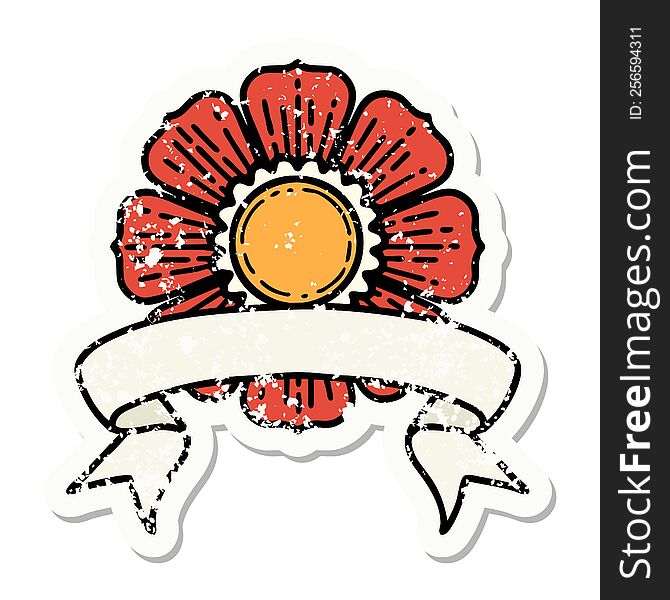 worn old sticker with banner of a flower. worn old sticker with banner of a flower