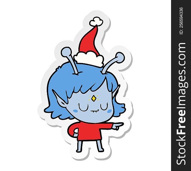 Sticker Cartoon Of A Alien Girl Wearing Santa Hat