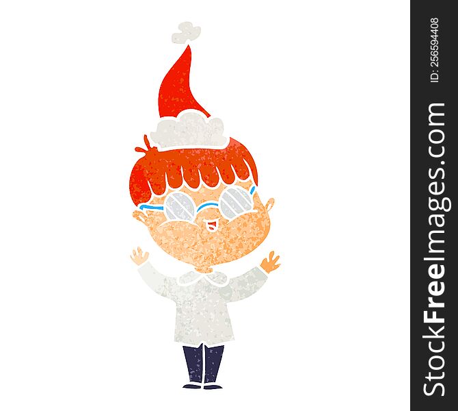Retro Cartoon Of A Boy Wearing Spectacles Wearing Santa Hat
