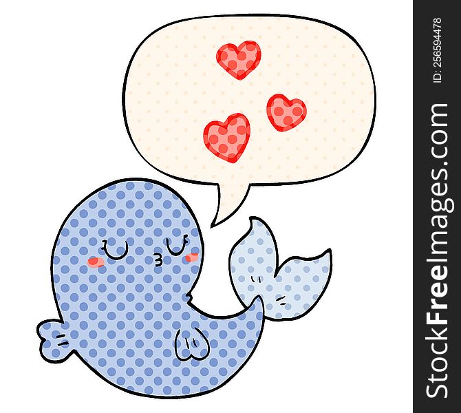 cute cartoon whale in love with speech bubble in comic book style