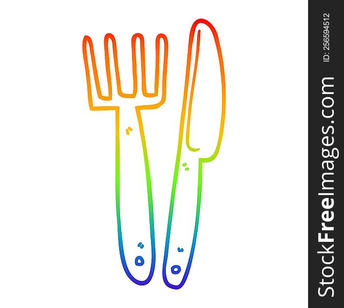 rainbow gradient line drawing of a cartoon plastic knife and fork