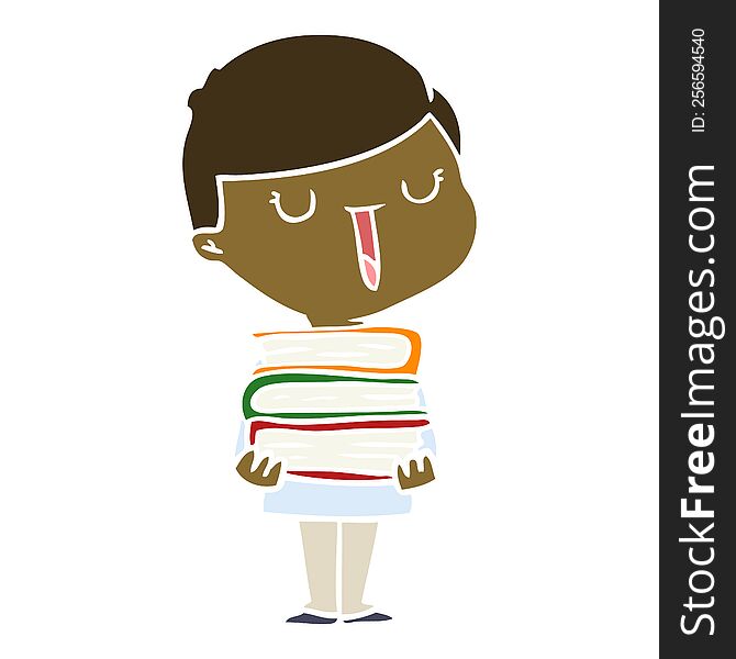 Flat Color Style Cartoon Happy Boy With Stack Of Books