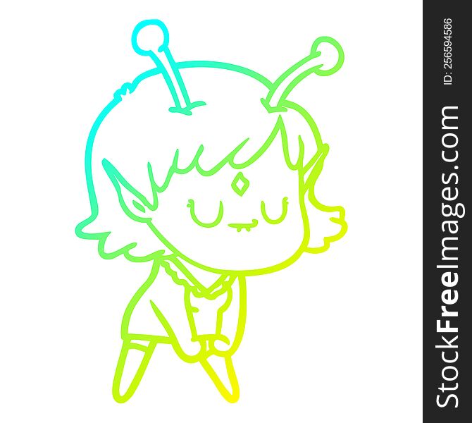 cold gradient line drawing of a cartoon alien girl doing muscle pose