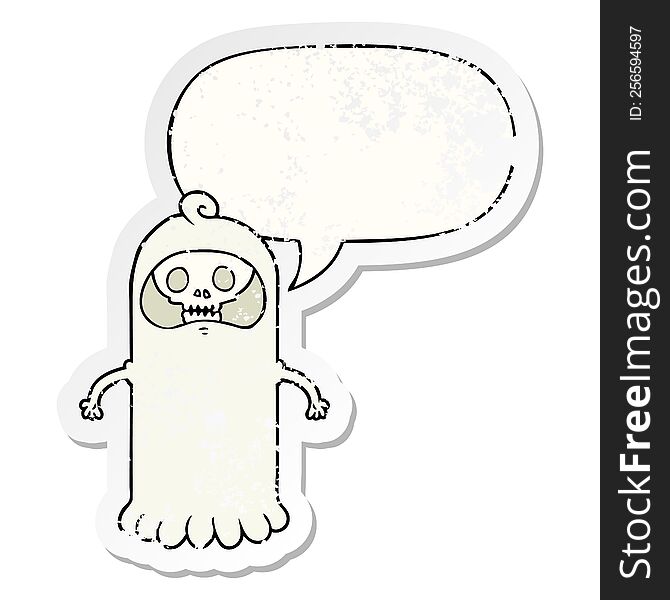 Cartoon Spooky Skull Ghost And Speech Bubble Distressed Sticker