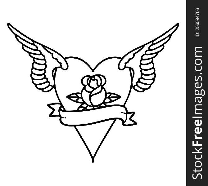Black Line Tattoo Of A Flying Heart With Flowers And Banner