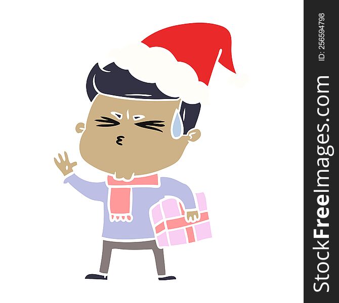 Flat Color Illustration Of A Man Sweating Wearing Santa Hat