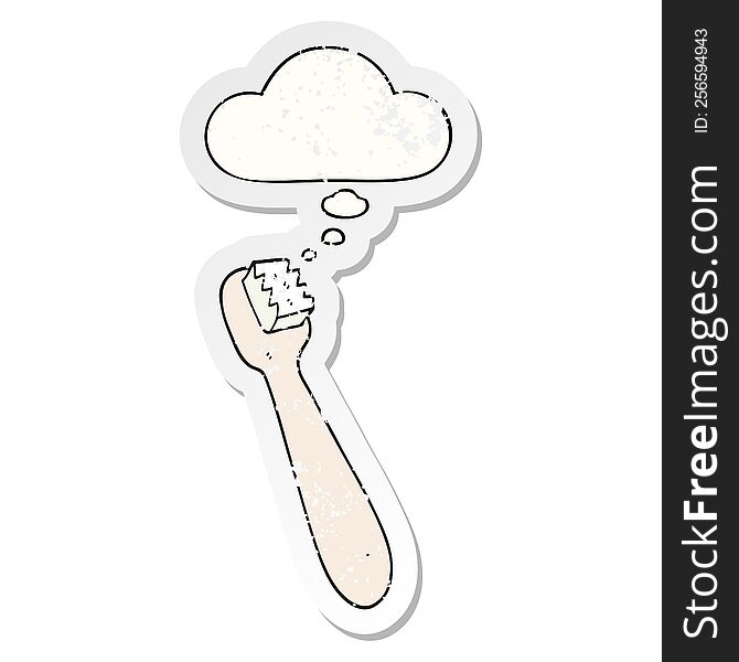 cartoon toothbrush with thought bubble as a distressed worn sticker