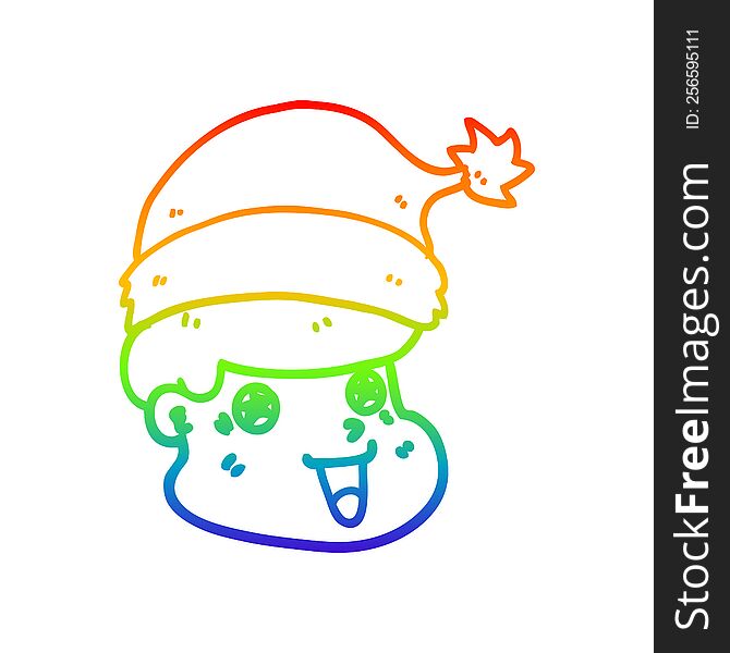 Rainbow Gradient Line Drawing Cartoon Man Wearing Christmas Hat