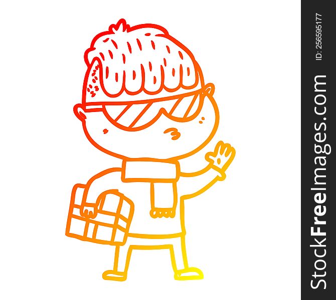 warm gradient line drawing of a cartoon boy wearing sunglasses carrying xmas gift