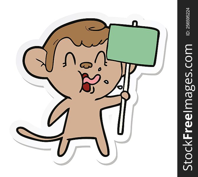 Sticker Of A Crazy Cartoon Monkey With Sign