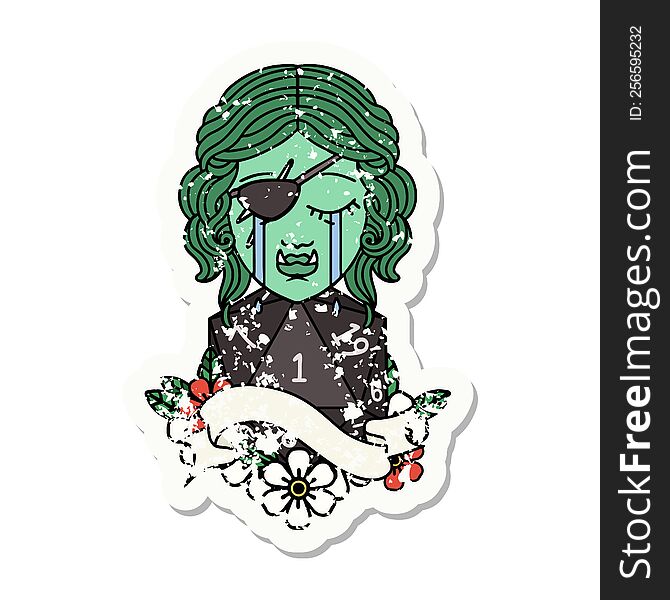 Crying Orc Rogue Character Face With Natural One D20 Dice Roll Grunge Sticker