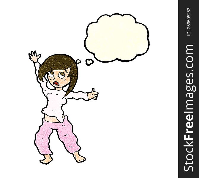 cartoon frightened woman with thought bubble