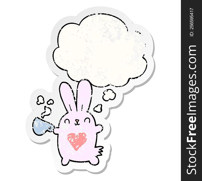 cute cartoon rabbit with love heart and coffee cup with thought bubble as a distressed worn sticker