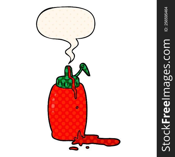 cartoon tomato ketchup bottle with speech bubble in comic book style