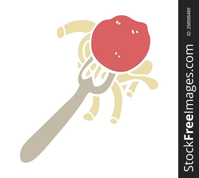 Flat Color Illustration Cartoon Spaghetti And Meatballs On Fork