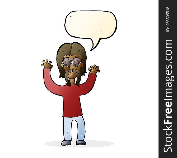 Cartoon Hippie Man Waving Arms With Speech Bubble